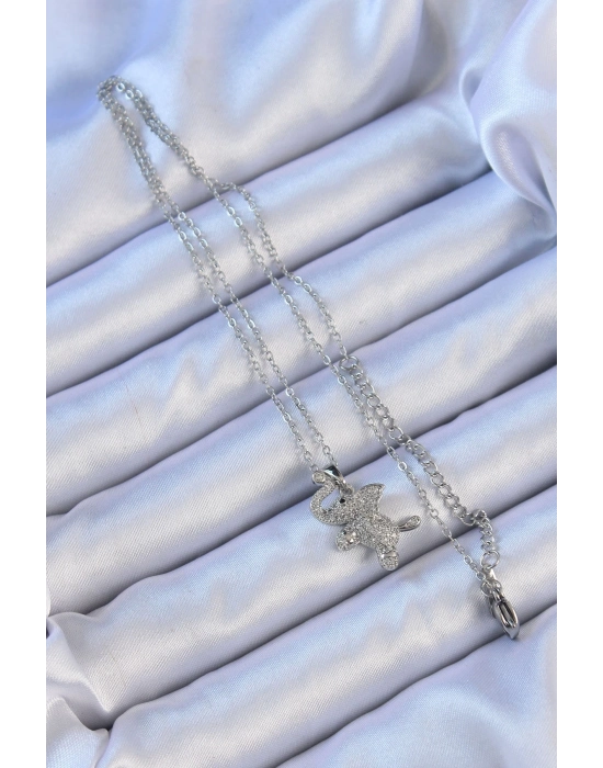 ® 316L Çelik Zincir Gümüş Renk Zirkon Taşlı Fil Kolye