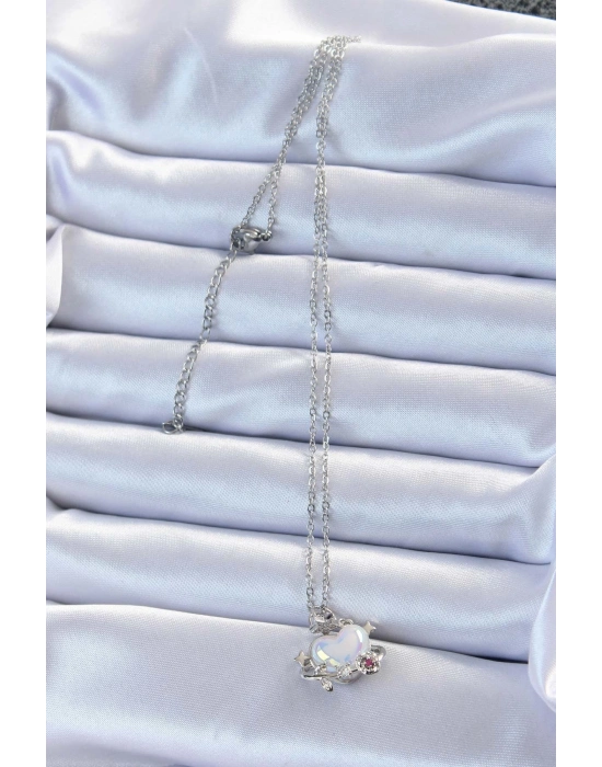 ® 316L Çelik Zincir Gümüş Renk Zirkon Taşlı Gezegen Görünümlü Kalp Kolye