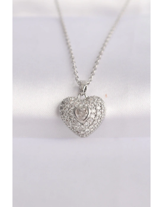 ® 316L Çelik Zincir Gümüş Renk Zirkon Taşlı Kalp Kolye