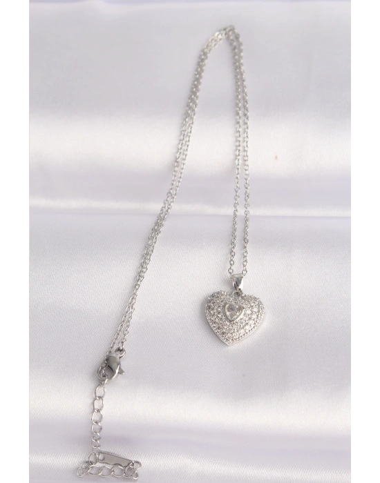 ® 316L Çelik Zincir Gümüş Renk Zirkon Taşlı Kalp Kolye