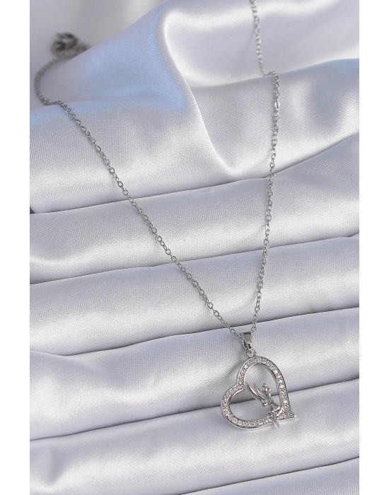 ® 316L Çelik Zincir Gümüş Renk Zirkon Taşlı Kalp Model Melek Detay Kadın Kolye