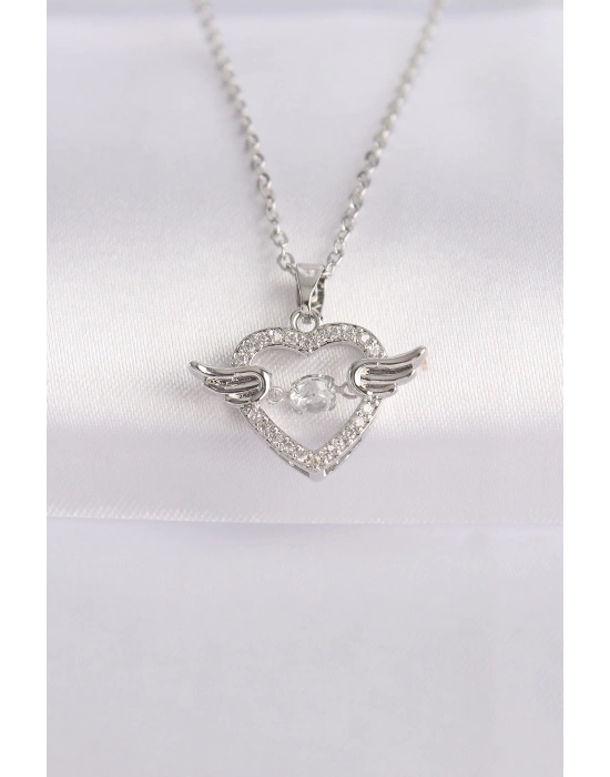 ® 316L Çelik Zincir Gümüş Renk Zirkon Taşlı Kanatlı Kalp Kolye