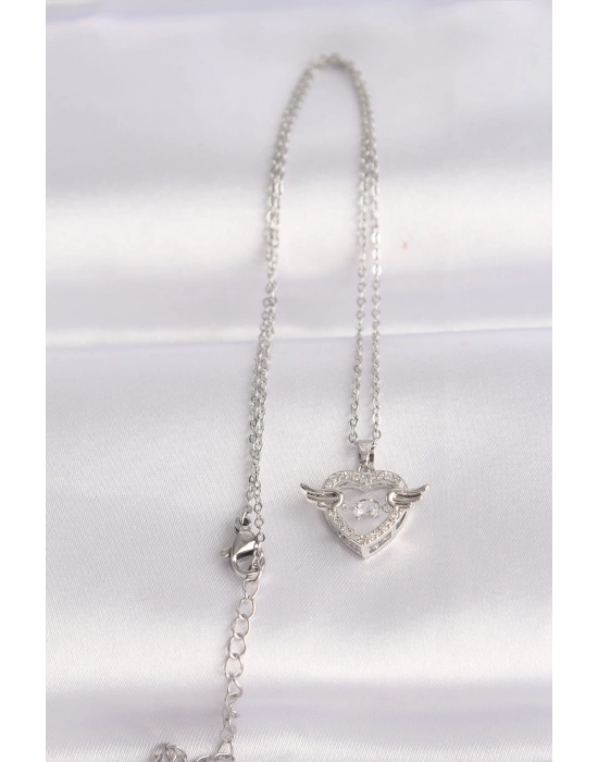 ® 316L Çelik Zincir Gümüş Renk Zirkon Taşlı Kanatlı Kalp Kolye