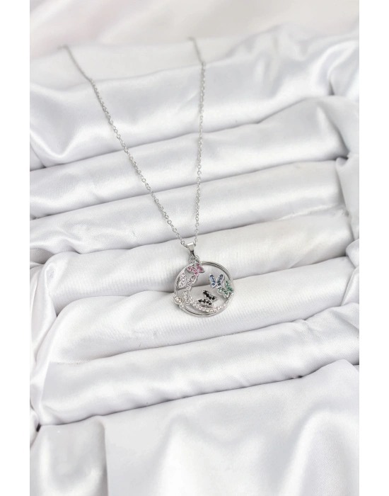 ® 316L Çelik Zincir Gümüş Renk Zirkon Taşlı Kelebekli Kadın Kolye