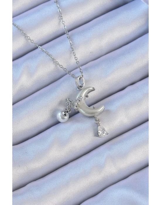 ® 316L Çelik Zincir Gümüş Renk Zirkon Taşlı Kelebekli Mineli Ay Kolye