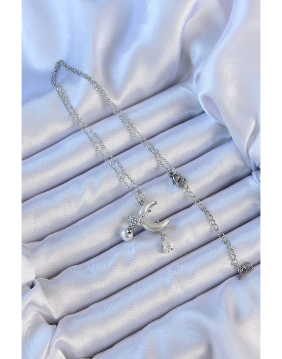 ® 316L Çelik Zincir Gümüş Renk Zirkon Taşlı Kelebekli Mineli Ay Kolye