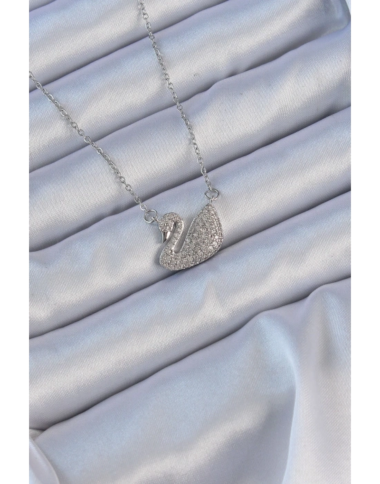 ® 316L Çelik Zincir Gümüş Renk Zirkon Taşlı Kuğu Kolye