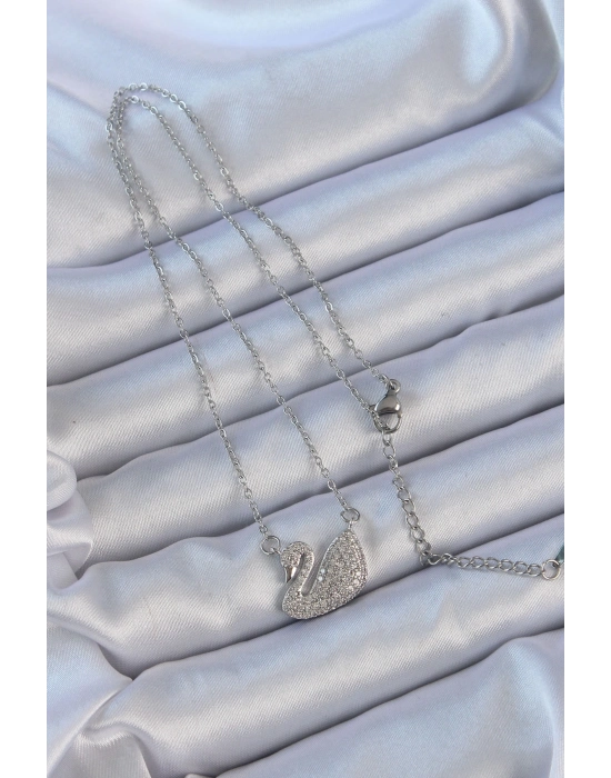 ® 316L Çelik Zincir Gümüş Renk Zirkon Taşlı Kuğu Kolye