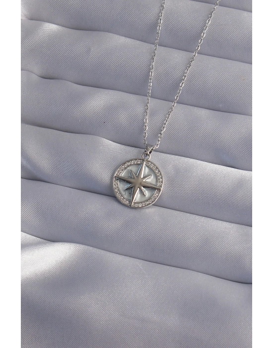 ® 316L Çelik Zincir Gümüş Renk Zirkon Taşlı Kutup Yıldızı Kolye