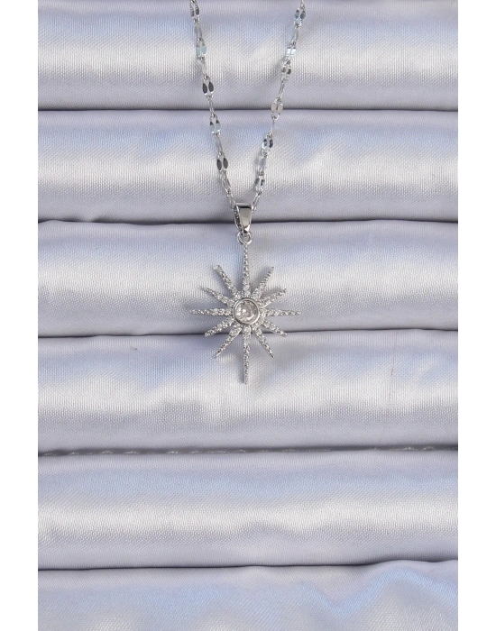 ® 316L Çelik Zincir Gümüş Renk Zirkon Taşlı Kutup Yıldızı Kolye