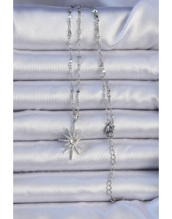 ® 316L Çelik Zincir Gümüş Renk Zirkon Taşlı Kutup Yıldızı Kolye