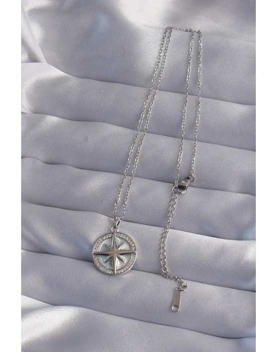 ® 316L Çelik Zincir Gümüş Renk Zirkon Taşlı Kutup Yıldızı Kolye