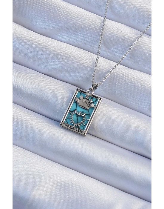 ® 316L Çelik Zincir Gümüş Renk Zirkon Taşlı Mavi Mermer Desenli Taç Model Tarot Kolye