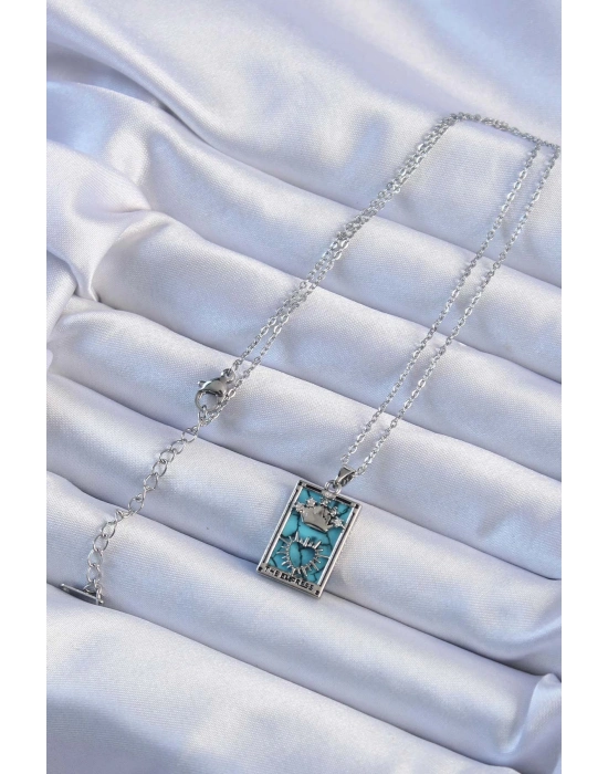 ® 316L Çelik Zincir Gümüş Renk Zirkon Taşlı Mavi Mermer Desenli Taç Model Tarot Kolye