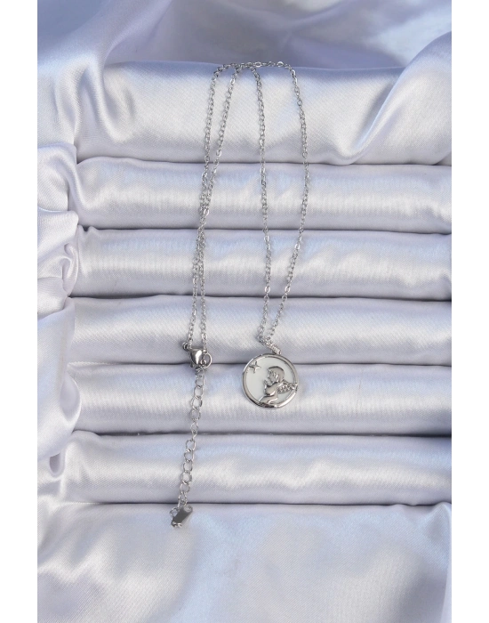 ® 316L Çelik Zincir Gümüş Renk Zirkon Taşlı Mineli Melek Kolye