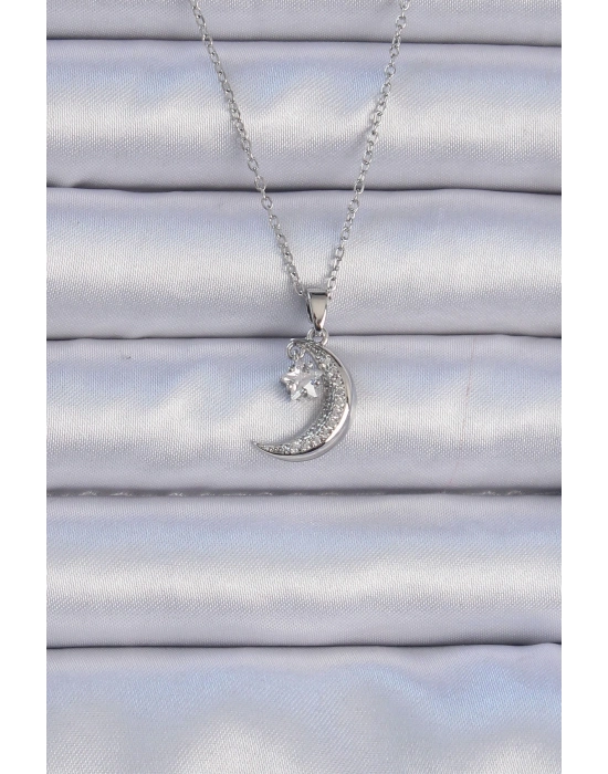 ® 316L Çelik Zincir Gümüş Renk Zirkon Taşlı Sallantılı Ay Yıldız Kolye
