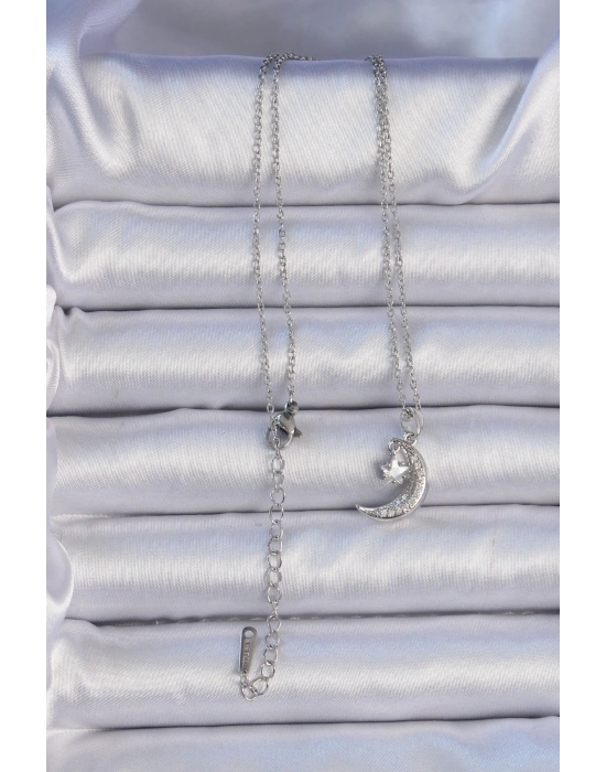® 316L Çelik Zincir Gümüş Renk Zirkon Taşlı Sallantılı Ay Yıldız Kolye