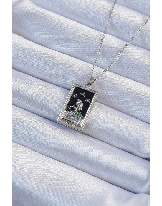 ® 316L Çelik Zincir Gümüş Renk Zirkon Taşlı Siyah Mineli Kız Figürlü Tarot Kolye