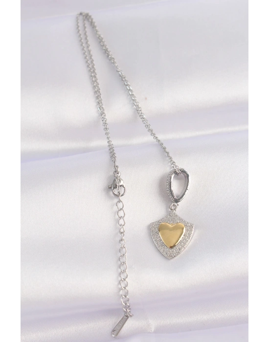 ® 316L Çelik Zincir Gümüş Renk Zirkon Taşlı Tasarım Altın Renk Kalp Kolye