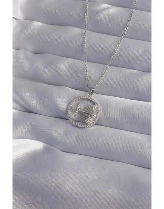 ® 316L Çelik Zincir Gümüş Renk Zirkon Taşlı Yıldız Figürlü Oval Kolye