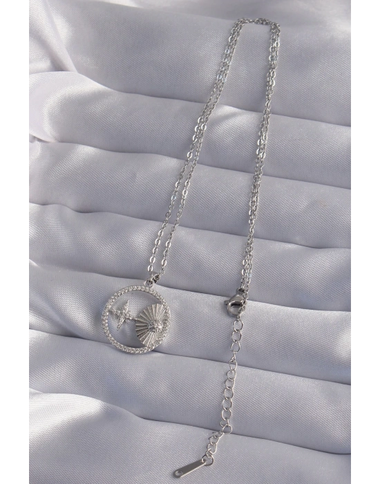 ® 316L Çelik Zincir Gümüş Renk Zirkon Taşlı Yıldız Figürlü Oval Kolye