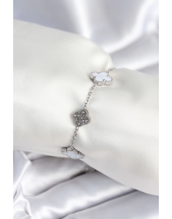 ® 316L Çelik Zincir Gümüş Renk Zirkon Taşlı Yonca Beyaz Kadın Bileklik