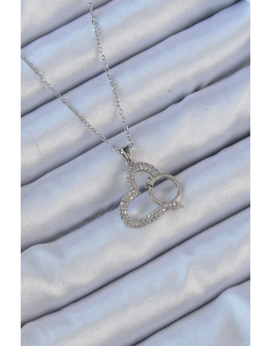® 316L Çelik Zincir Gümüş Renk Zirkon Taşlı Yüzüklü Kalp Kolye