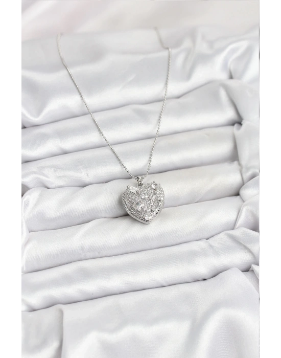 ® 316L Çelik Zincir Gümüş Zirkon Taşlı Kalpli Kadın Kolye