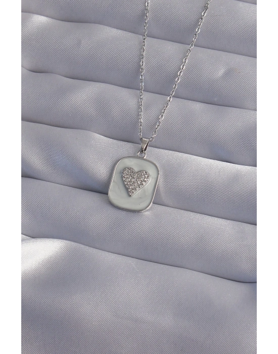 ® 316L Çelik Zincir Mermer Desenli Gümüş Renk Zirkon Taşlı Kalp Model Kolye