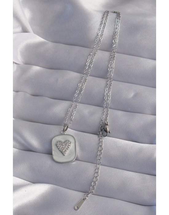 ® 316L Çelik Zincir Mermer Desenli Gümüş Renk Zirkon Taşlı Kalp Model Kolye