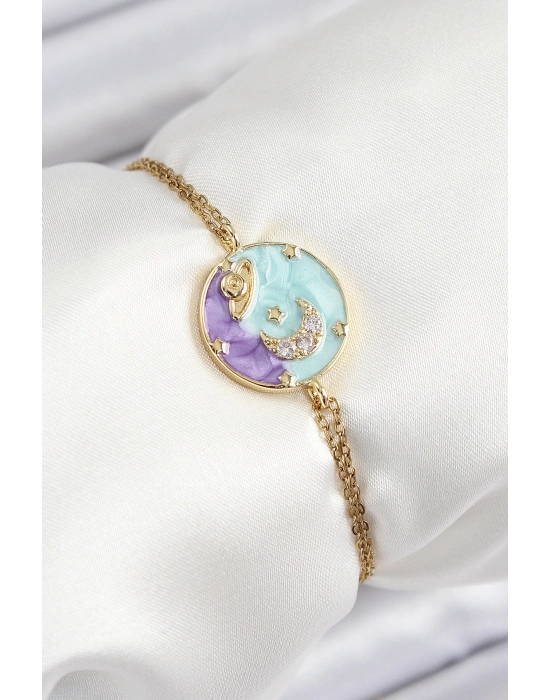 ® 316L Çelik Zincir Mineli Sanatsal Portre Zirkon Taşlı Gezegen Model Gold Renk Kadın Bileklik