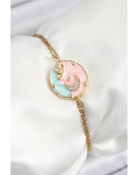 ® 316L Çelik Zincir Mineli Sanatsal Portre Zirkon Taşlı Gezegen Model Gold Renk Kadın Bileklik