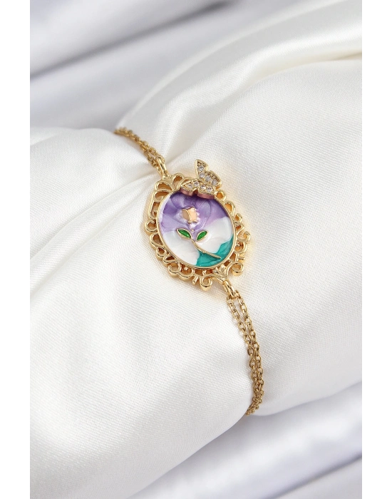 ® 316L Çelik Zincir Mineli Sanatsal Portre Zirkon Taşlı Kelebek Detaylı Çiçek Model Gold Renk Kadın Bileklik