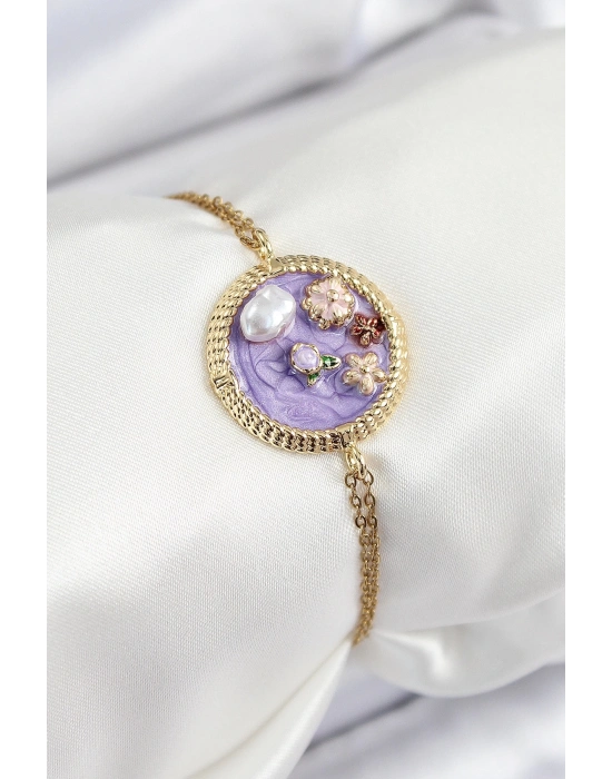 ® 316L Çelik Zincir Mor Mineli Sanatsal Portre İnci Detaylı Çiçek Model Gold Renk Kadın Bileklik
