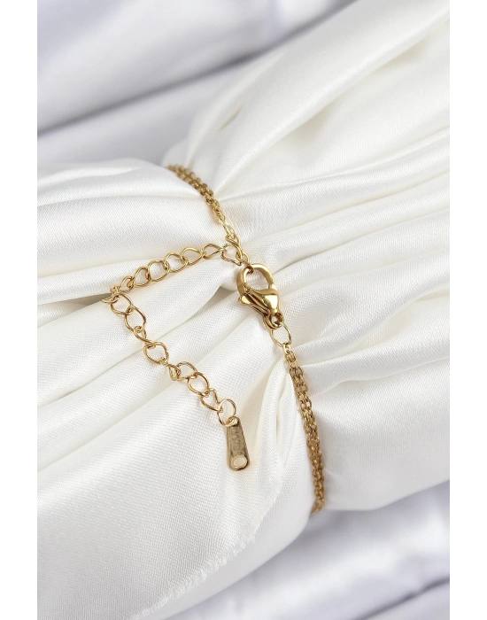 ® 316L Çelik Zincir Mor Mineli Sanatsal Portre İnci Detaylı Çiçek Model Gold Renk Kadın Bileklik