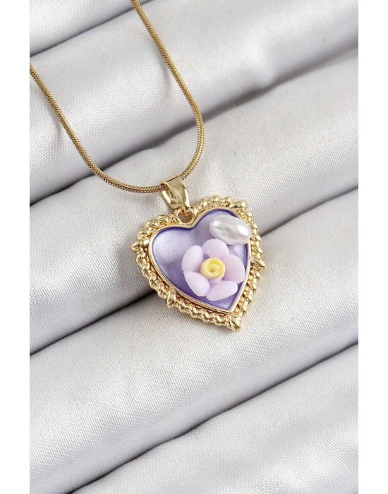 ® 316L Çelik Zincir Mor Sanatsal Portre İnci Detaylı Papatya Figürlü Kalp Model Gold Renk Kadın Kolye
