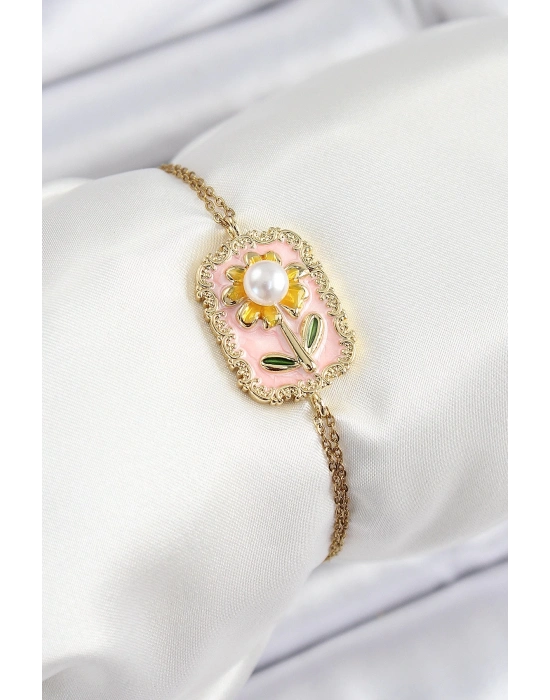 ® 316L Çelik Zincir Pembe Mineli Sanatsal Portre İnci Detaylı Papatya Model Gold Renk Kadın Bileklik