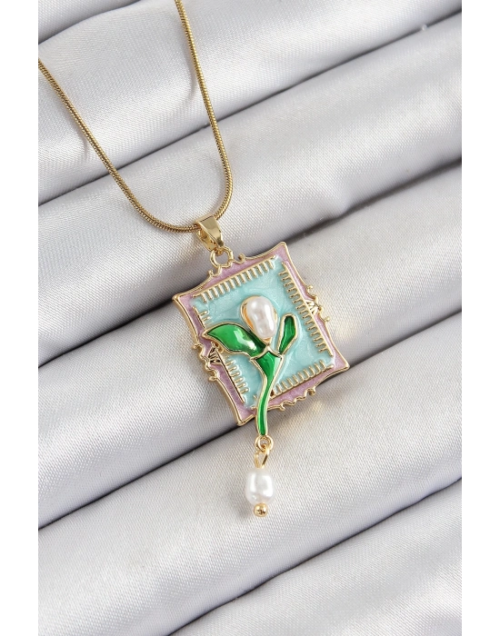 ® 316L Çelik Zincir Turkuaz Sanatsal Portre Sallantılı İnci Detaylı Lale Model Gold Renk Kadın Kolye