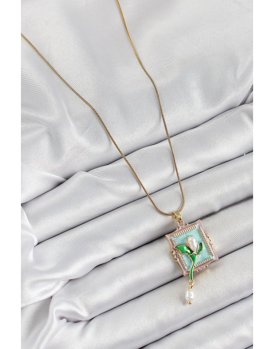 ® 316L Çelik Zincir Turkuaz Sanatsal Portre Sallantılı İnci Detaylı Lale Model Gold Renk Kadın Kolye