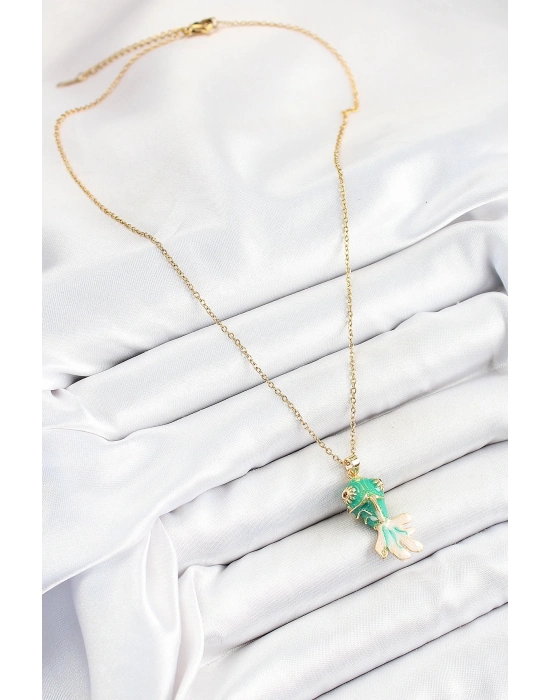 ® 316L Çelik Zincir Yeşil Balık Model Gold Renk Kadın Kolye