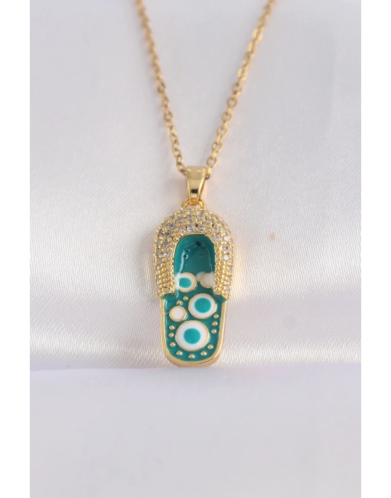 ® 316L Çelik Zincir Zirkon Taşlı Altın Renk Nazarlı Terlik Tasarımlı Kolye