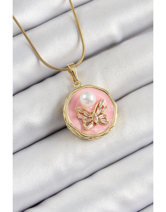 ® 316L Çelik Zincir Zirkon Taşlı Pembe Sanatsal Portre İnci Detaylı Kelebek Model Gold Renk Kadın Kolye