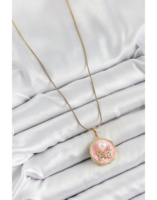 ® 316L Çelik Zincir Zirkon Taşlı Pembe Sanatsal Portre İnci Detaylı Kelebek Model Gold Renk Kadın Kolye