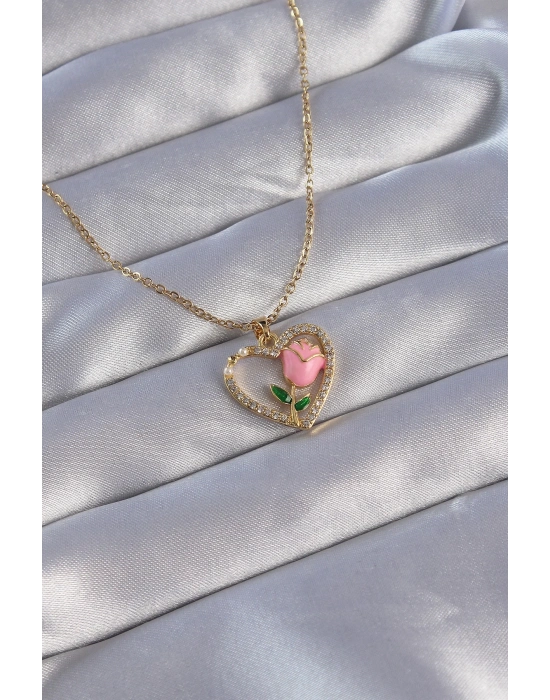 ® 316L Çelik Zincirli Gold Renk Zirkon Taşlı Kalp İçinde Pembe Gül Tasarımlı Kolye