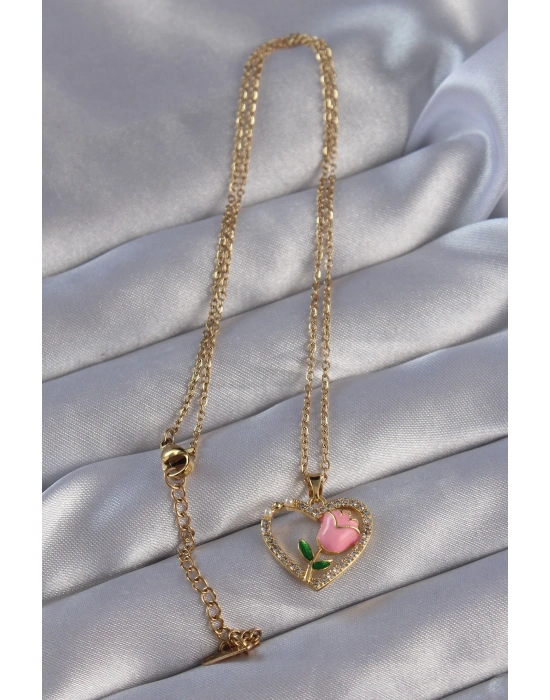 ® 316L Çelik Zincirli Gold Renk Zirkon Taşlı Kalp İçinde Pembe Gül Tasarımlı Kolye
