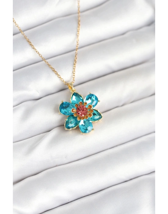 ® 316L Çelik Zincirli Mavi Çiçek Model Kadın Kolye