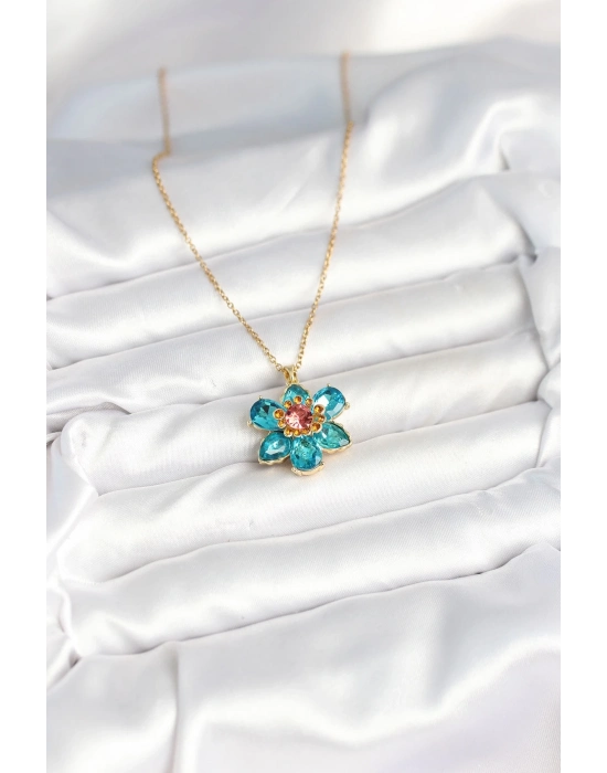 ® 316L Çelik Zincirli Mavi Çiçek Model Kadın Kolye
