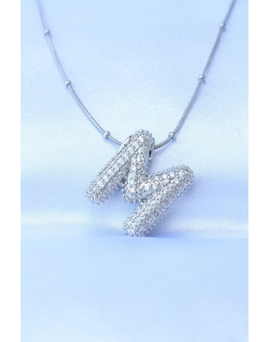 ® 316L Çelik Zincirli Zirkon Taşlı M Harfli Gümüş Renk Bubble Kolye