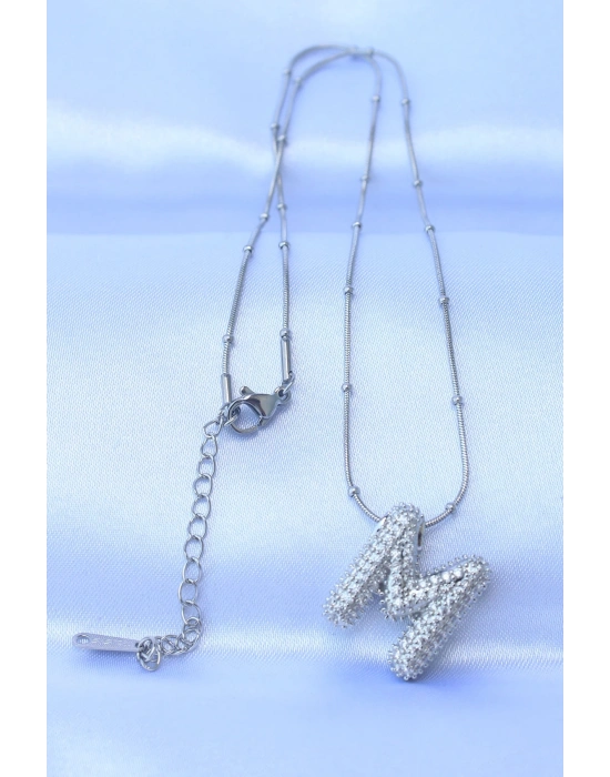 ® 316L Çelik Zincirli Zirkon Taşlı M Harfli Gümüş Renk Bubble Kolye