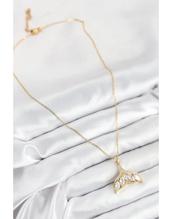 ® 316L Çelik Zirkon Taşlı Balık Kuyruğu Model Gold Renk Kadın Kolye